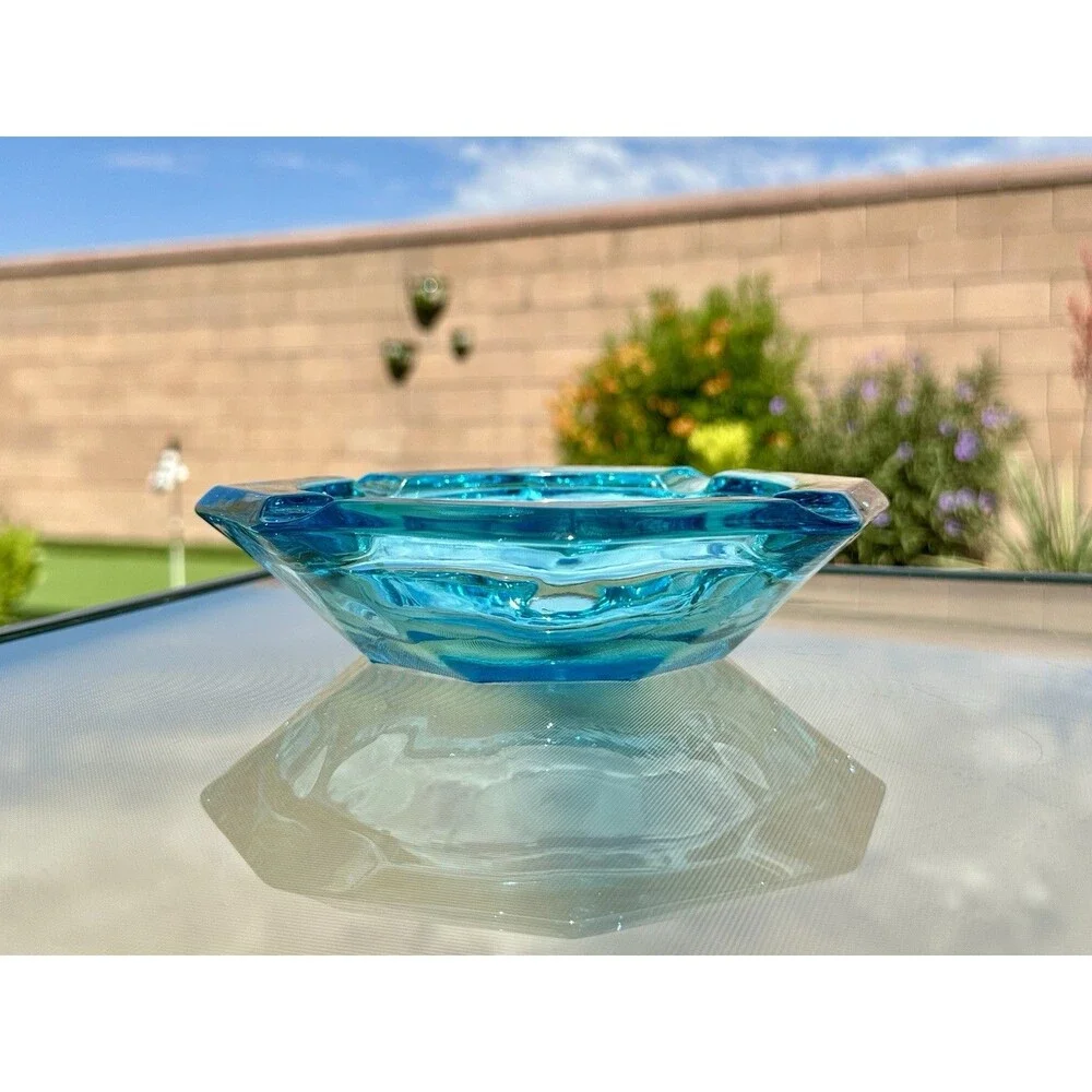 Vintage Hazel Atlas Capri Blue Glass Ash Tray Cigar Trinket Dish octagon 6 5/8